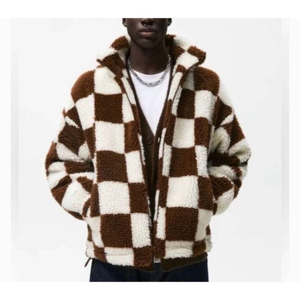ZARA combination checkered/ plaid fleece jacket  Oversized Cozy SZ S